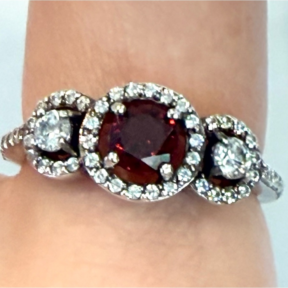 Vintage Sterling Silver Garnet & White Topaz 3 Stone Halo Ring 7.5 Engagement